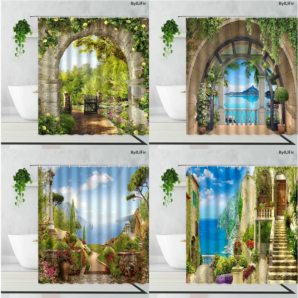 

Занавеска для душа с изображением каменной арки и цветов моря, садовый пейзаж, s зеленые растения, идиллический пейзаж, Декор для дома, занав...