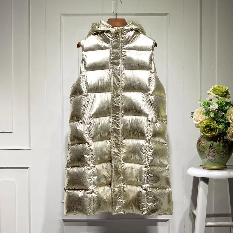 Женский Длинный жилет теплая блестящая куртка золотого и серебряного цвета