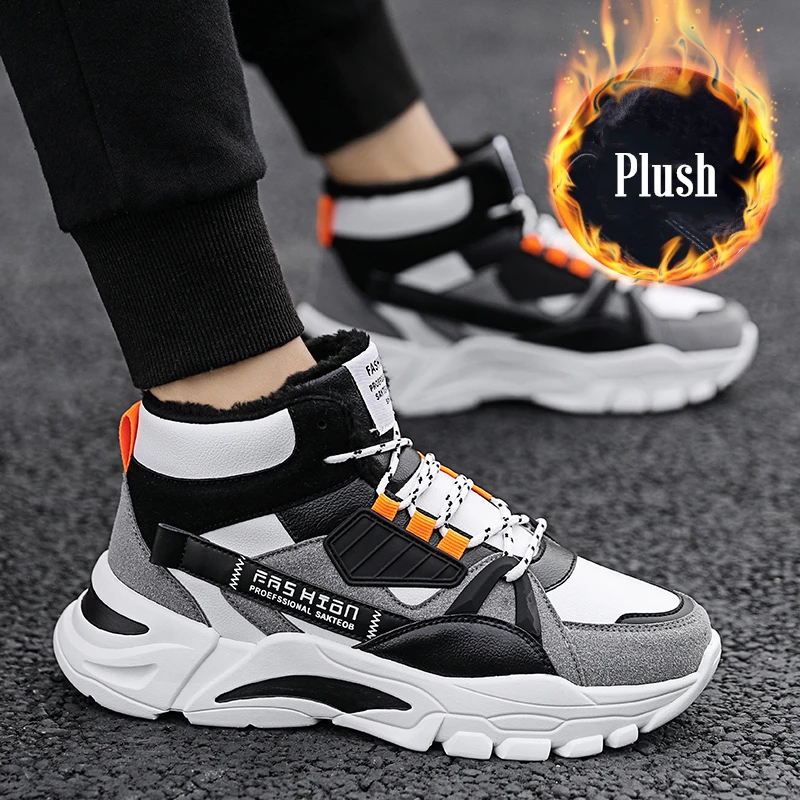 Высококачественная зимняя обувь; мужские высокие кроссовки; мужские теплые зимние ботинки на меху; мужские водонепроницаемые ботильоны; модная повседневная спортивная обувь