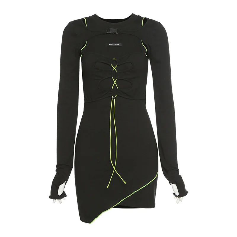 

2021 Spring and Autumn New y2k Women's Solid Color Black High Waist Bag Hip Fashion Irregular Stitching Women's Dress