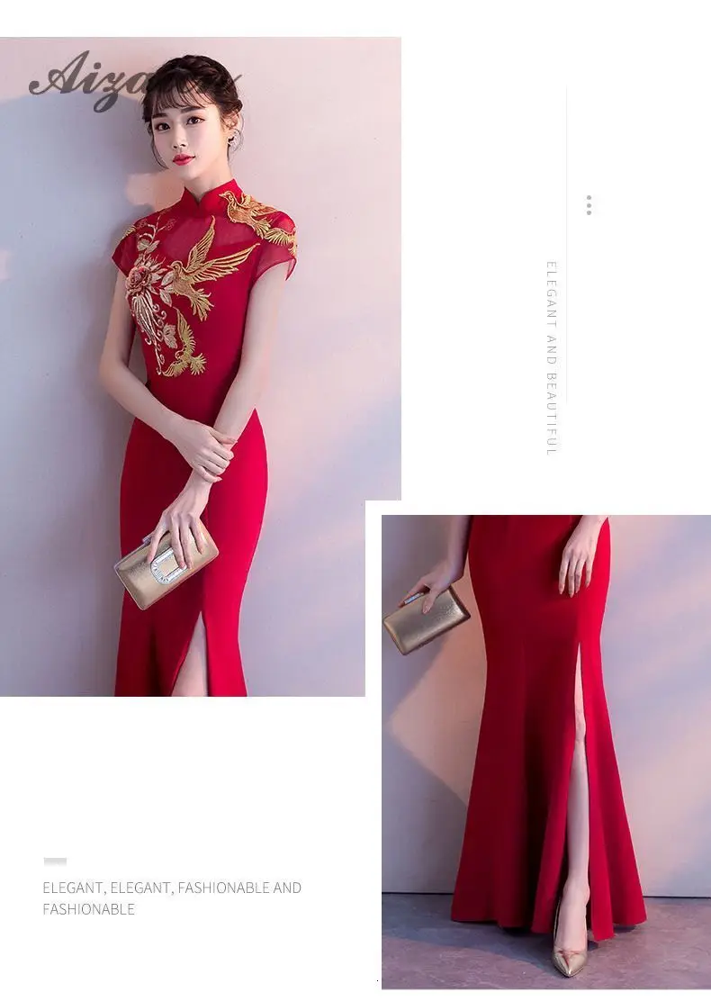 Вышивка Cheongsam длинное традиционное китайское винтажное платье красное свадебное платье Русалка сексуальное платье Ципао с разрезом Современные платья