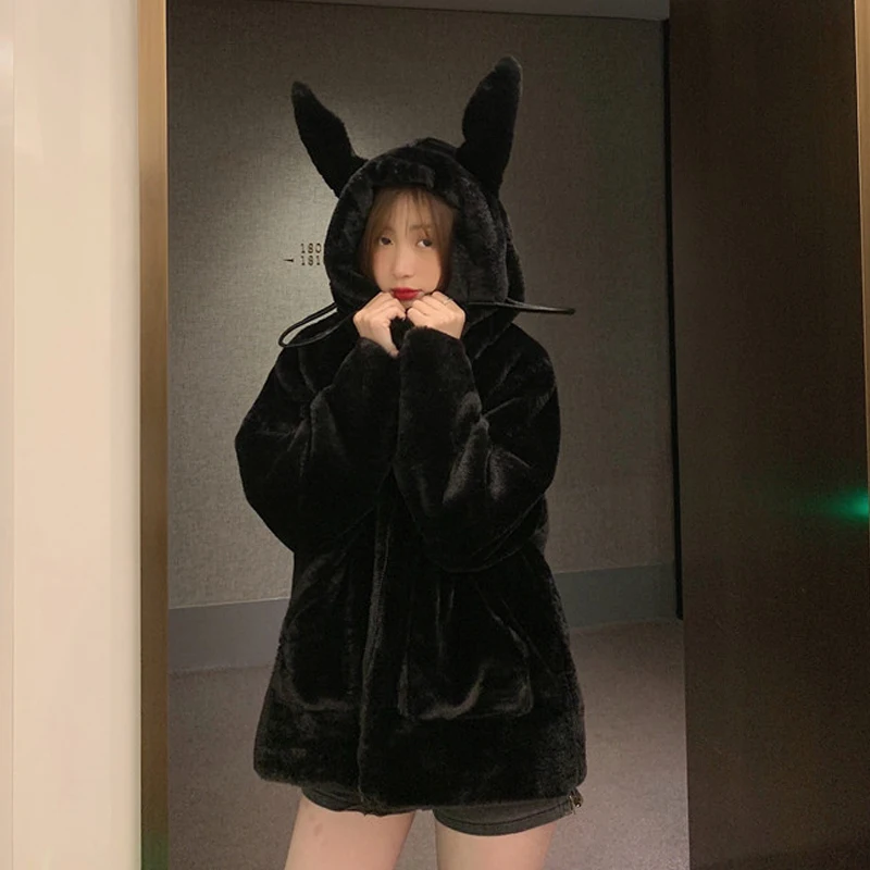 Winter Kawaii Lolita Teddy Jacket Girl Cute Dynamic Rabbit Ears Plush Hooded Zipper Jacket Women Soft Thick Warm Furry Outerwear