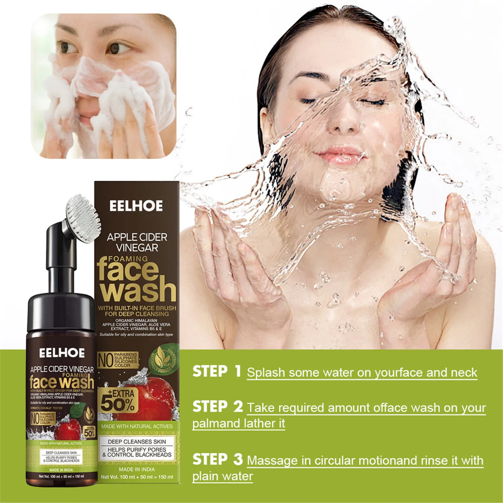 

Foaming Cleanser150ml Organic Apple Cider Vinegar Foaming Face Wash With Brush Skin Care Aging Cleanser Massage Face Wash