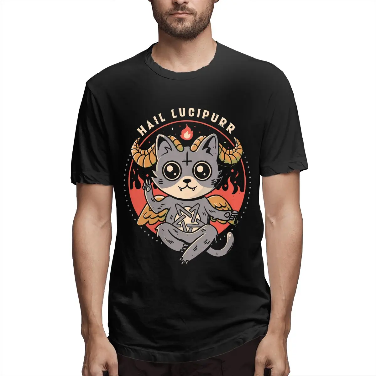 

Goth Hail Lucipurr Men's Awesome Tees Short Sleeve Crewneck T-Shirt Pure Cotton Birthday Gift Clothes