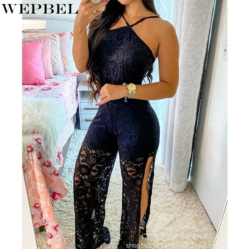 

WEPBEL Jumpsuits Women's Slim Fit Lace See-through Jumpsuits Summer Halter Spaghetti Strap High Waist Split Wide Leg Jumpsuits