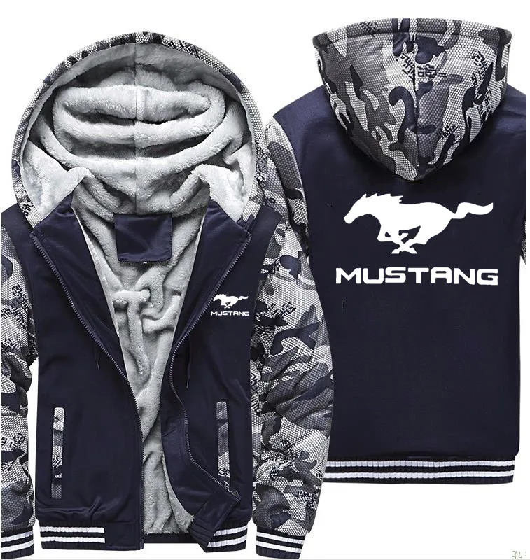 

Толстовка мужская с капюшоном, куртка с логотипом машины Mustang, Утепленная зимняя хлопковая флисовая куртка на молнии, камуфляжное реглан, па...
