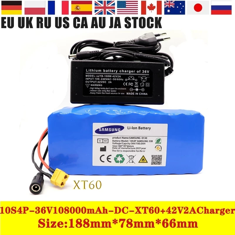 

Nieuwe 36V 10S4P 100Ah Battery 1000W High Power Batterij 42V 100000Mah Ebike Elektrische Fiets Bms + 54.6V 2A Charger