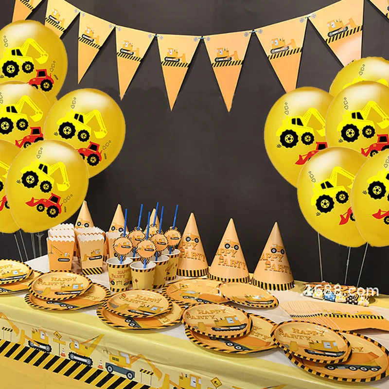 

Construction Vehicle Disposable Tableware Paper Popcorn Boxes Kids Birthday Decoration Balloons Baby Shower Party Supplies