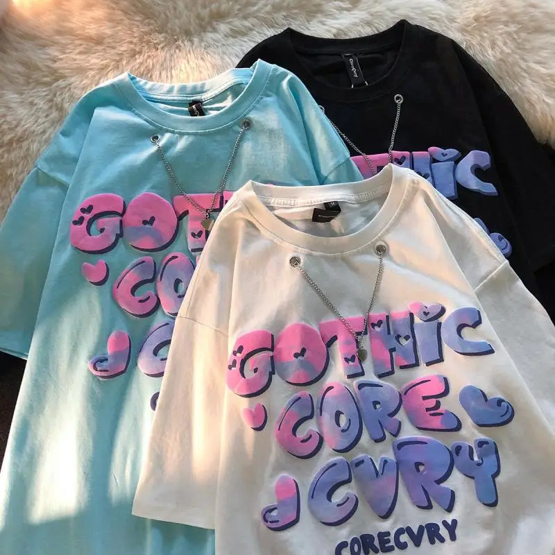 

Love Chain Sweet Print Casual Short-sleeved T-shirt Female 2021 Summer Samples Leisure Loose Cartoon Super T-shirt Shirt Top