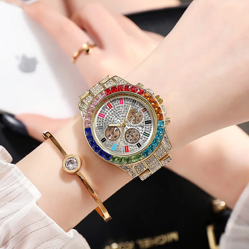 

Часы наручные женские кварцевые в стиле хип-хоп, брендовые роскошные золотистые, с календарем и большим циферблатом, со стразами