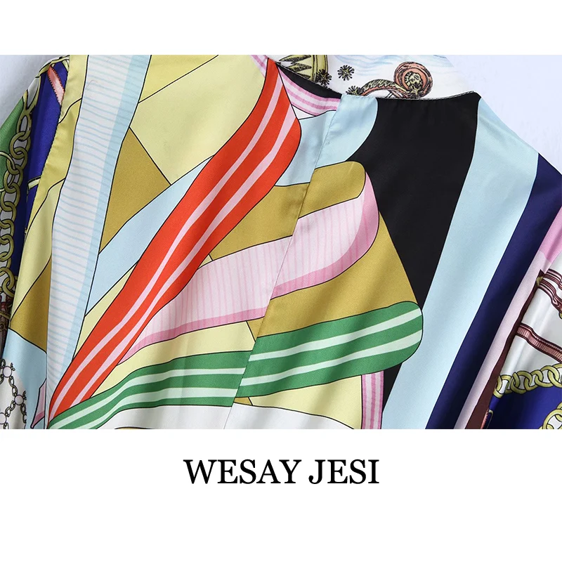 

WESAY JESI Women Dresses 2021 Fashion Chic Color Printing Long Sleeve Single Breasted V-Neck Belt Retro Ladies Mini Skirt