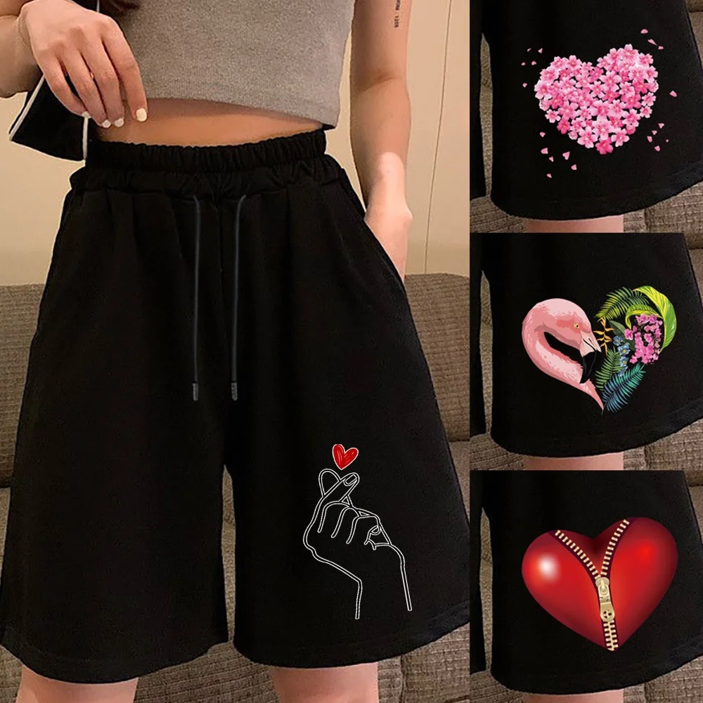 

Women Summer Casual Shorts High Waist Elastic Loose Love Printed Wide Leg Short Pants Sweatpants Female Comfortable Bottoms