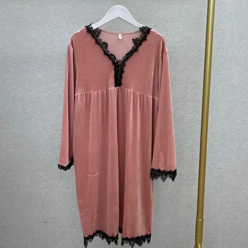 

Sexy Lace Nightgown Lounge Wear Autumn Velour Long Sleeve Nightdress Bathrobe Women Loose Casual Home Dressing Gown Sleepwear
