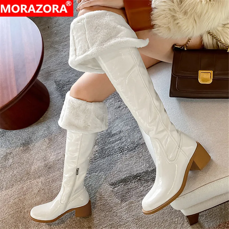 

MORAZORA 2022 High Heels Over The Knee Boots Women Winter Shoes Round Toe Genuine Leather Boots Zip Fashion Shoes Ladies Black