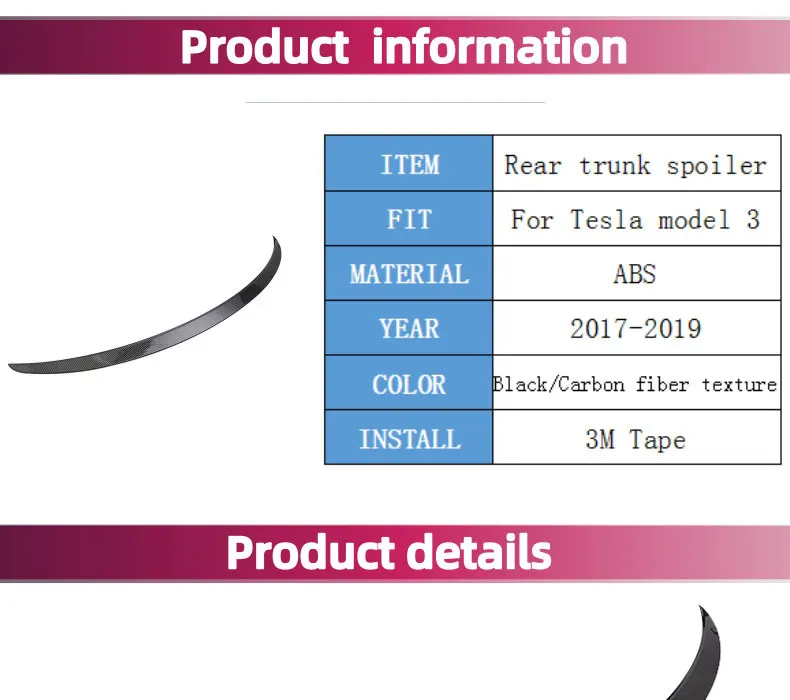 Rear trunk spoiler wing for Tesla model 3 year Rear Carbon Fiber texture Spoiler Car Rear Wing