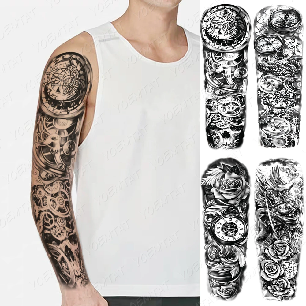 

Waterproof Temporary Full Arm Tattoo Sticker Compass Gear Mechanical Rose Flash Tattoos Man Body Art Big Fake Sleeve Tatto Women