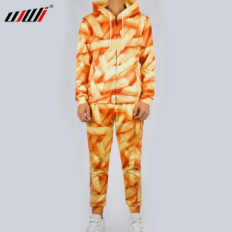 

UJWI Men/Women Chips Casual Tracksuit French fries Streetwear Sweatshirt And Pants 3d Yellow Zip Hoodie Pullovers Couple suit
