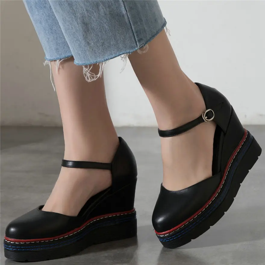 Женские туфли на танкетке летние Туфли Мэри Джейн из натуральной кожи с ремешком