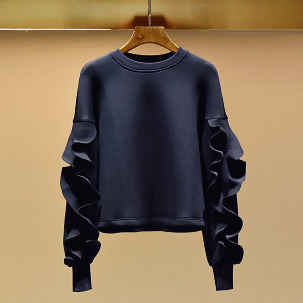 

New Women's Fall 2021 Sweatshirt Loose Solid Color Simple Ruffled Chic Pullover Fashion Em*