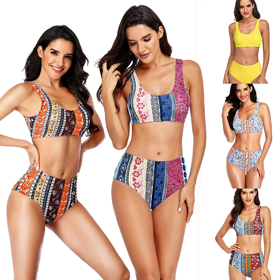 

Vikionfly 2022 Padded Floral High Waist Bikini Set With Shorts Swimsuit Women Sport Swim Push Up Crop Top Swimwear Bathing Suit