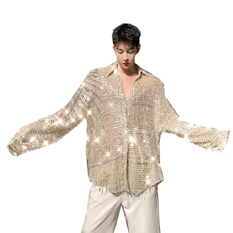 Men's sequin tassel transparent long-sleeved shirt men's fashion retro streetwear loose shirt stage costume show