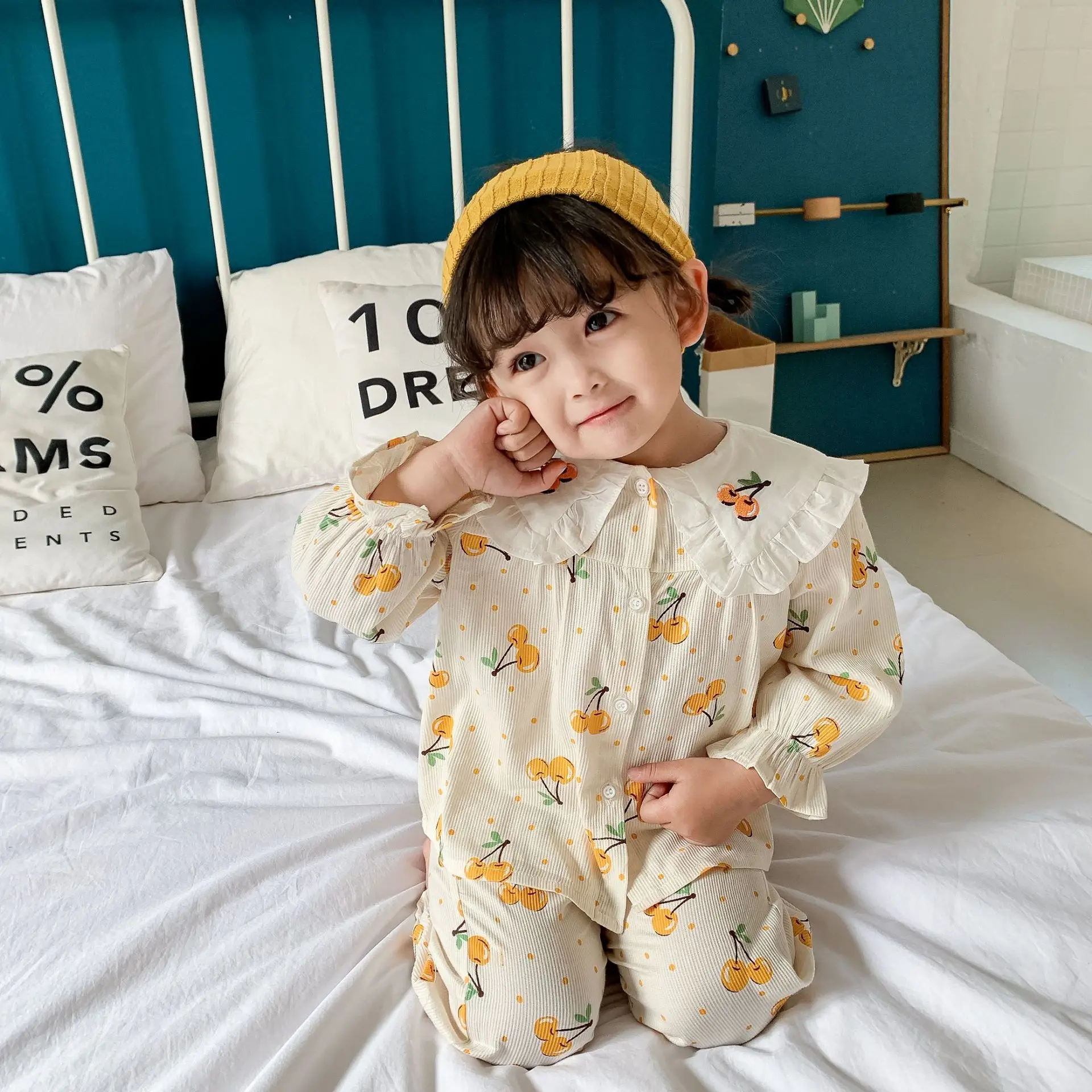 Весенние милые комплекты одежды с принтом вишни для маленьких девочек хлопковая