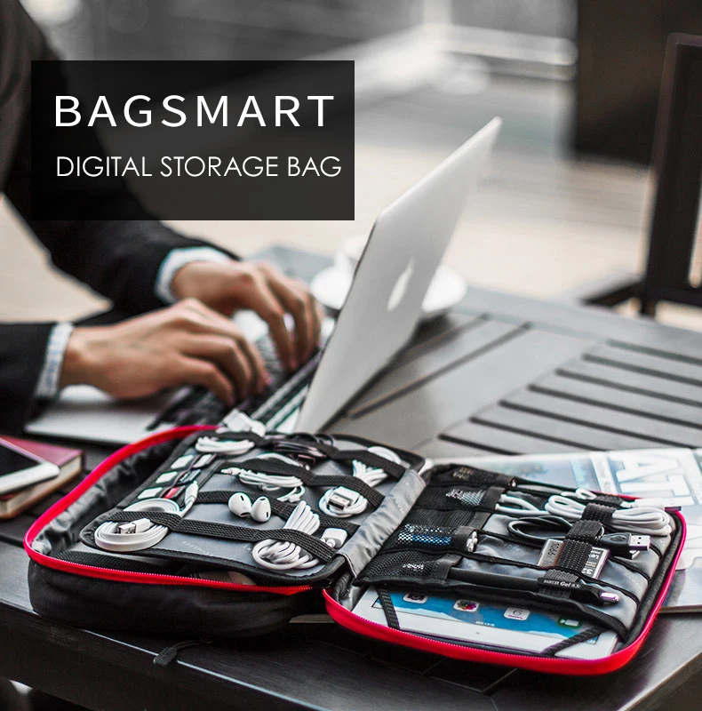 BAGSMART дорожные электронные аксессуары Органайзер двухслойная сумка для хранения Большая вместительная сумка для iPad Kindle адаптер питания