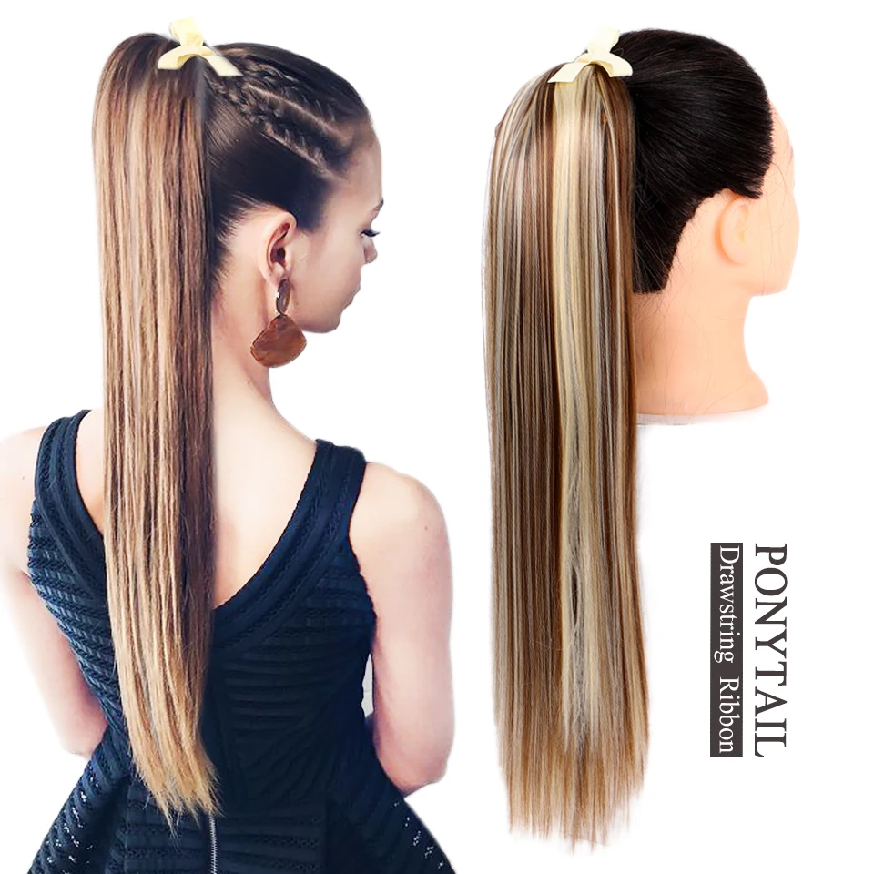 

HUAYA 80cm Long Straight Ponytail Hair pieces Synthetic Ribbon Ponytail Clip In Hair Extension Brown Black Fake Pony Tail