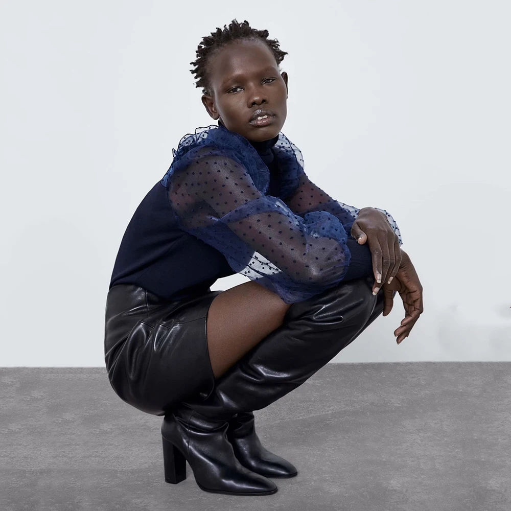 Женский свитер с воротником-стойкой ZA трендовый длинными рукавами и эластичными