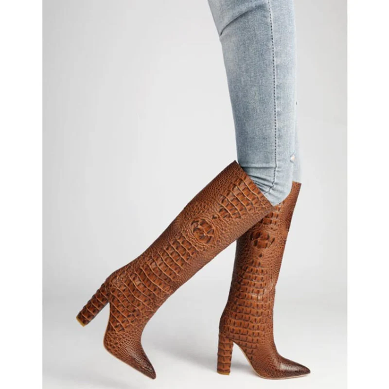 Crocodile Embossed PU Knee-High Boots Women Pointed Toe Slip-On Super High Heels Shoes Luxury Fashion Zapatos De Mujer | Обувь