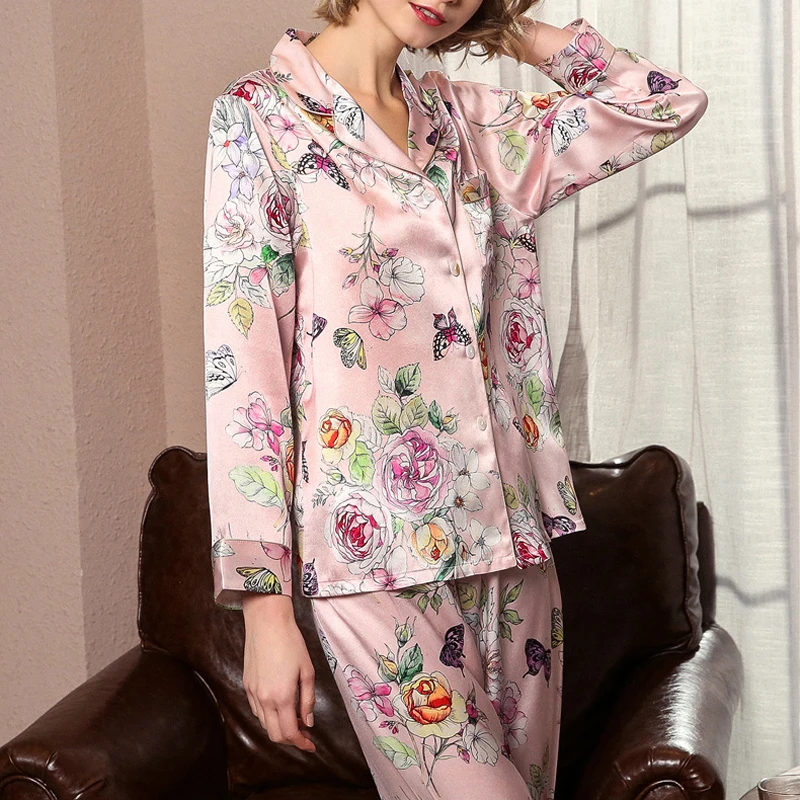 2020 new Heavy silk Pajamas women Suit Long sleeve printing Simplicity silk Tracksuit