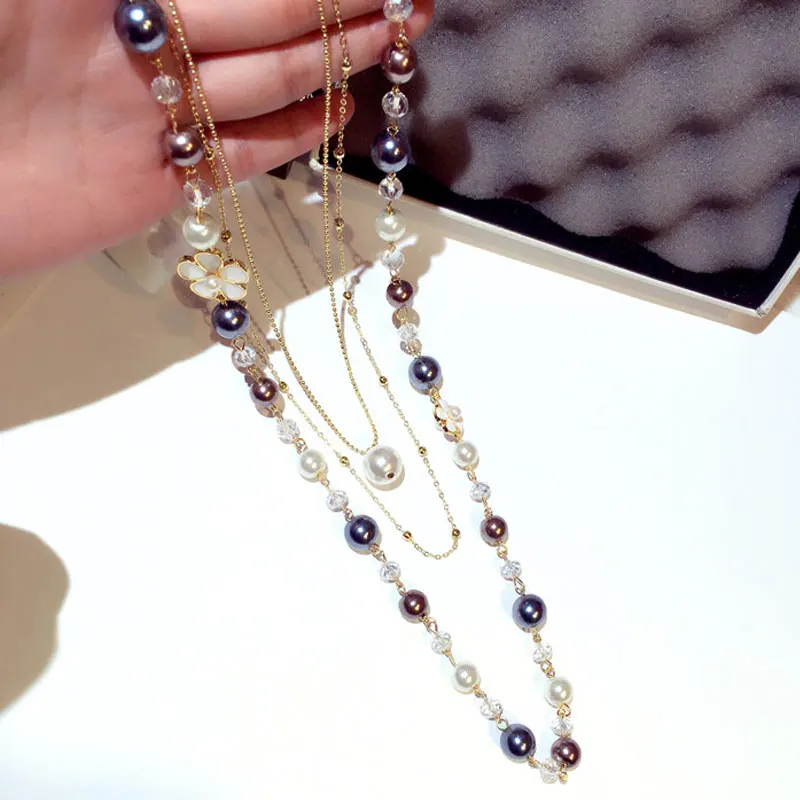 Модная трехслойная длинная жемчужная Цветочная темпераментная цепочка для