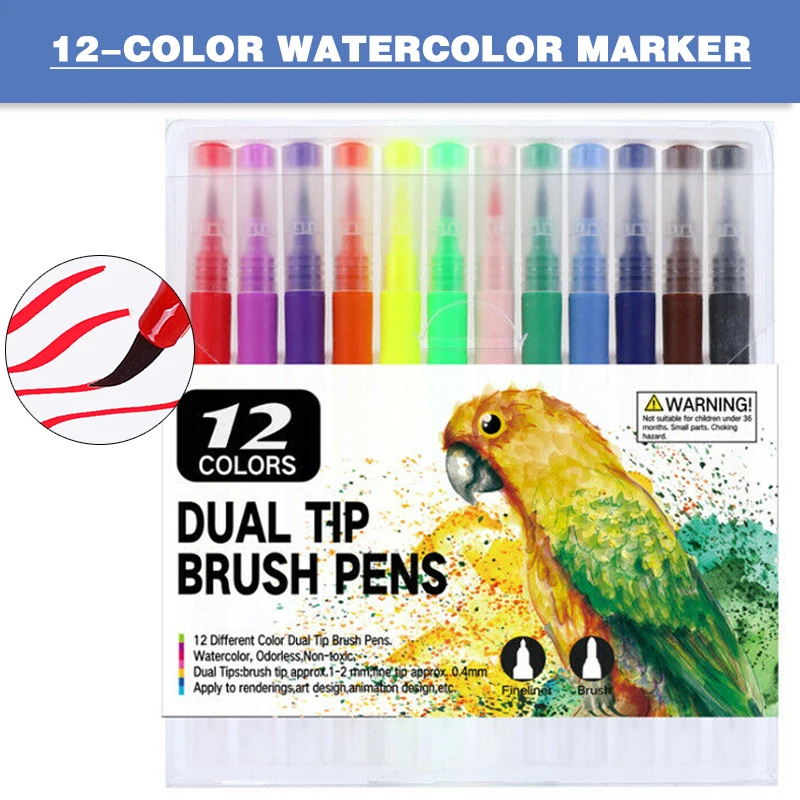 

12pcs Watercolor Brush Marker Pens Dual Tips Soft Fine Art Drawing Calligraphy Drawing Painting Illustration Pen Marker Pens
