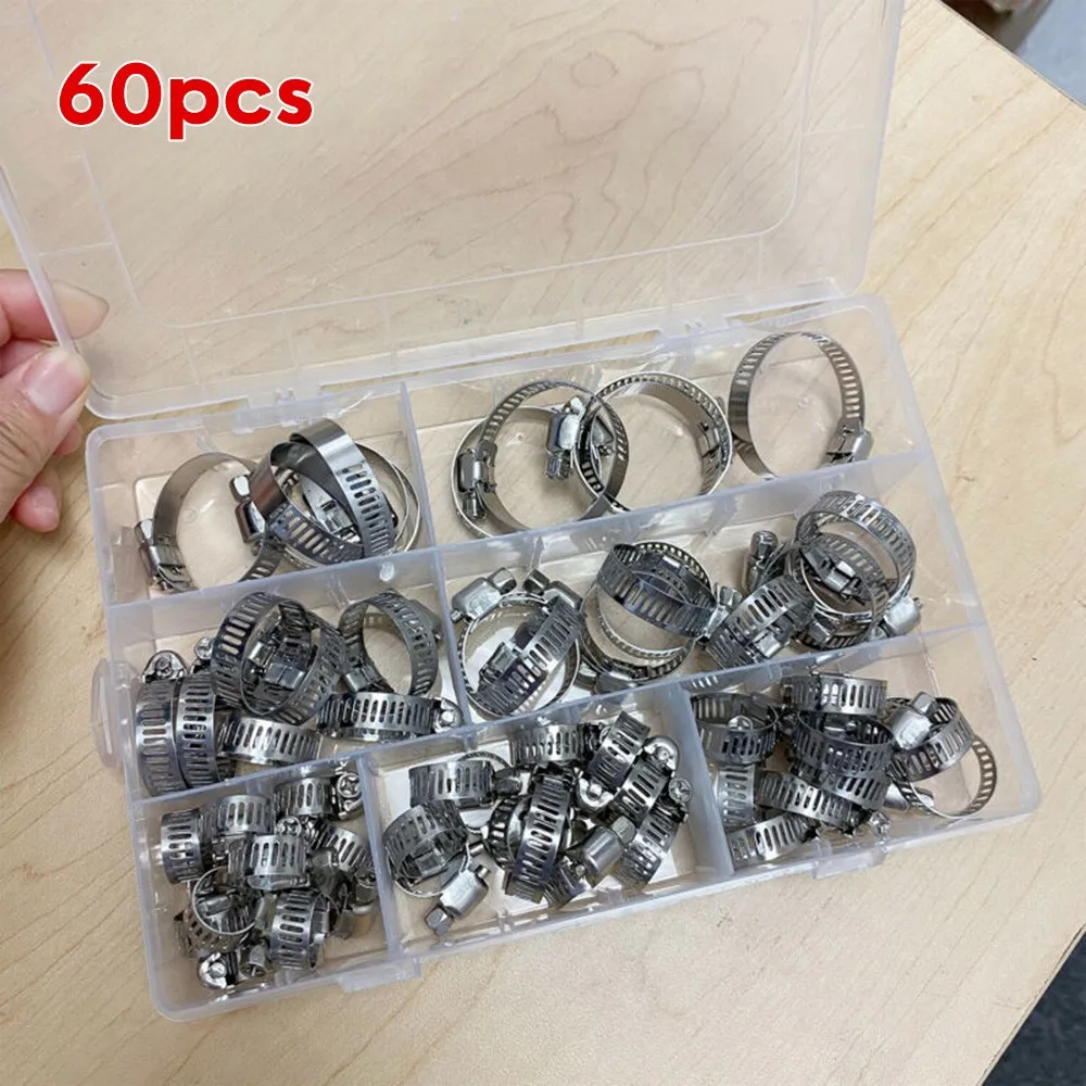 

60 Pieces Adjustable Hose Clamps Worm Gear Stainless Steel Clamp Assortment Gear Hose Fuel Line Clamp