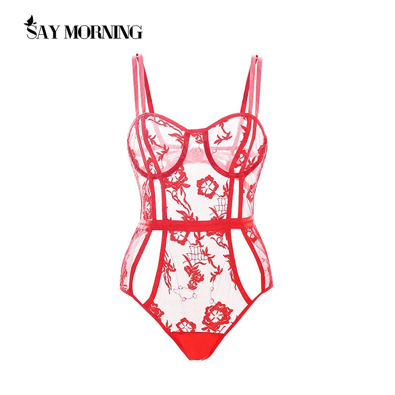 SAY MORNING 2022 Embroidered Hollow Sexy Women's Patchwork Bodysuit Underwear Set Lace Perspective One-Piece Erotic Lingerie |