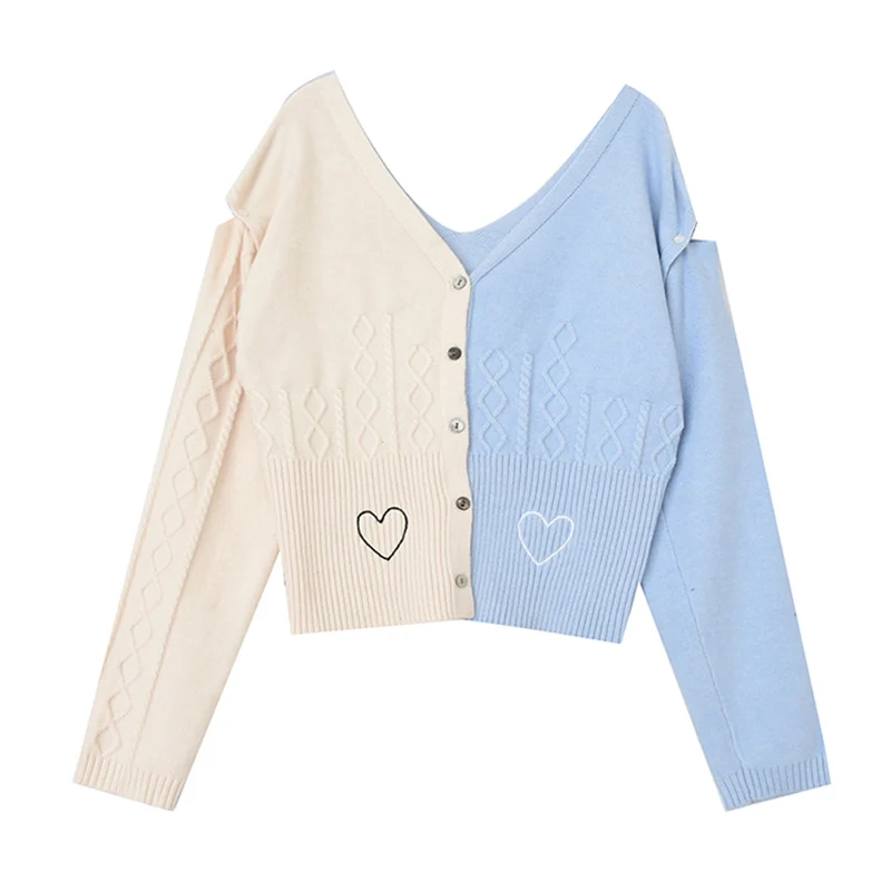 

Autumn Blue White Patchwork Knitted Sweater Chic Women Fashion Harajuku Oversize Hollow Out Knitted Cardigans Female New
