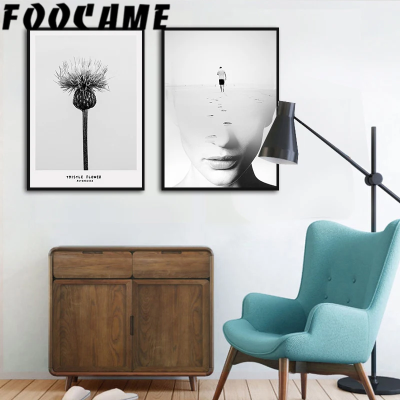 Скандинавский абстрактный черно-белый портрет расторопши цветок украшение