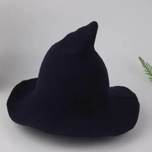 Тёмно-синий Модная однотонная вязаная шерстяная шапка с широкими полями, шапка ведьмы, рождественский подарок - Цвет: Тёмно-синий