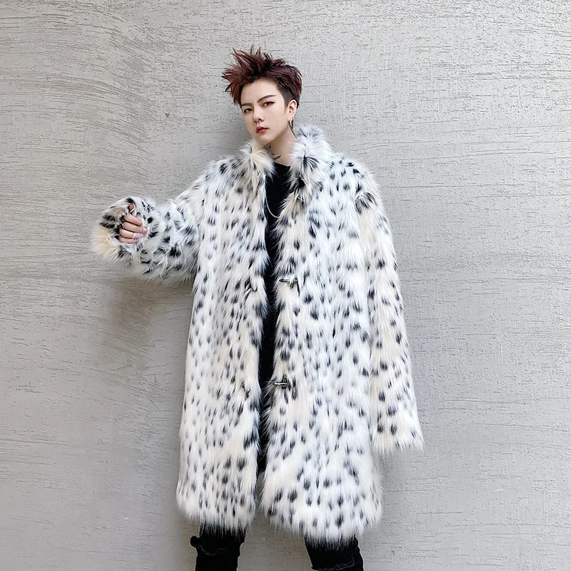 

Men Winter Faux Fur Leopard Thick Long Trench Coat Outerwear Male Women Couple Streetwear Hip Hop Vintage Cardigan Jacket