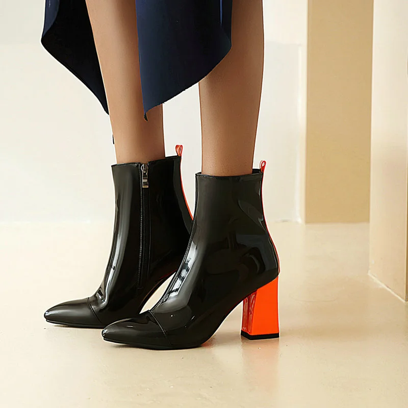

Fashion Chelsea Boots Women's Pointy Toe Chunky Heels Ankle Bootas Pu Leather Color Matching Side Zip Short Lady Booties Plush
