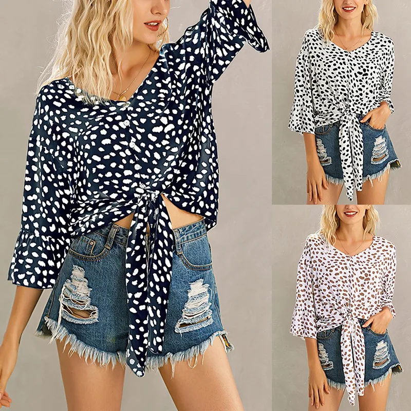 

Summer Blouse Sexy Deep V-neck Trumpet Sleeve Leopard Shirt Female Casual Top