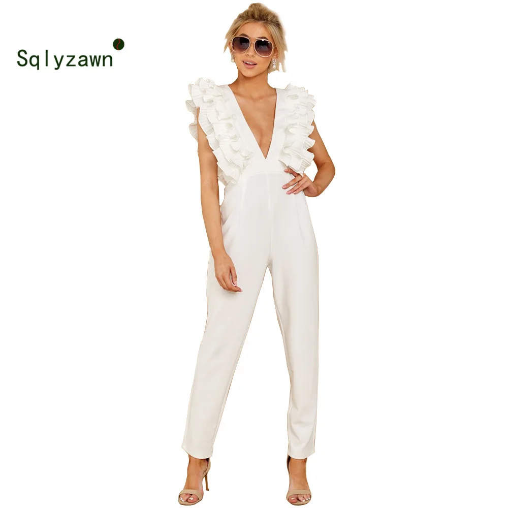 Элегантный белый комбинезон с оборками для женщин сексуальный без рукавов V
