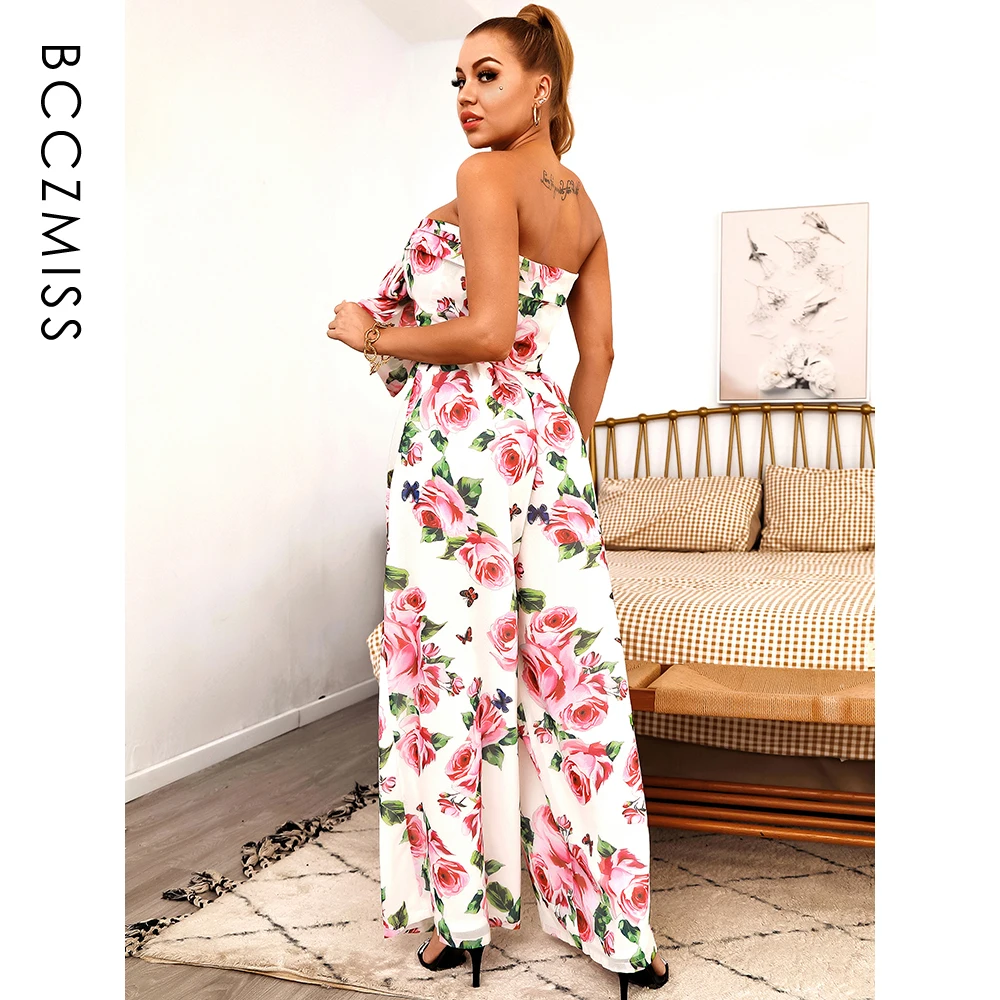 

White Sexy Club Chiffon Women Suits Loose Summer Floral Print Two-Pieces Strapless sleeveless Jumpsuit Flared Pants Party Dress