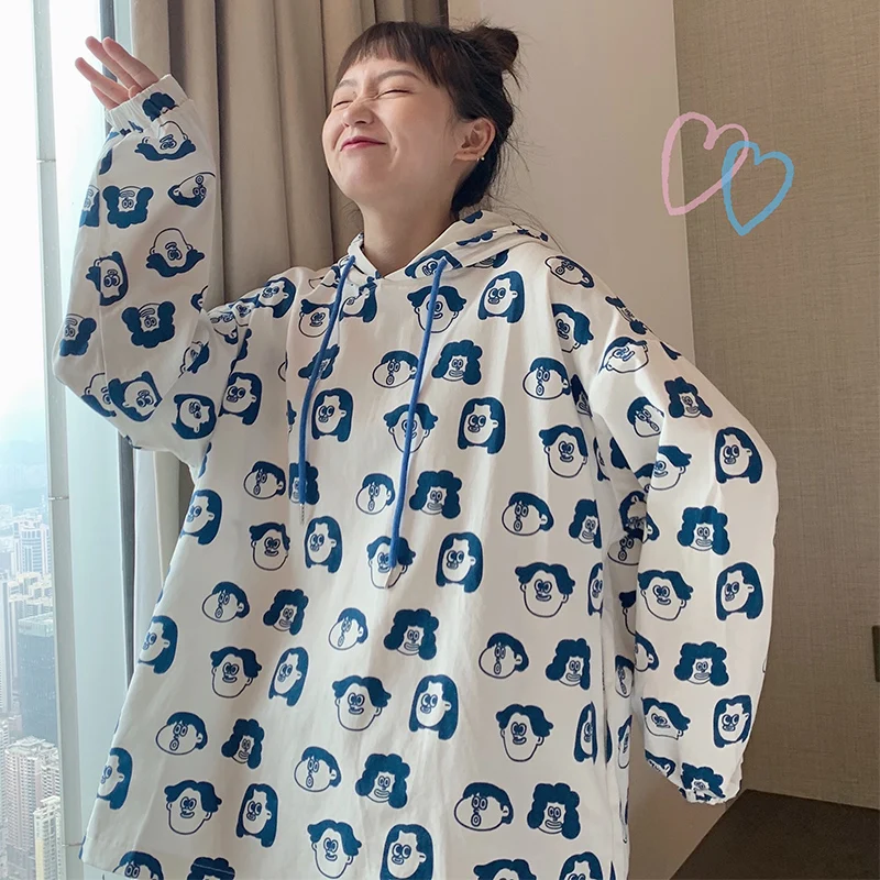 

Cartoon Printed Oversized Hoodies Women Harajuku Pullover Casual Fashion Kawaii Unisex Sweatshirts Female Hoodie Winter 2021