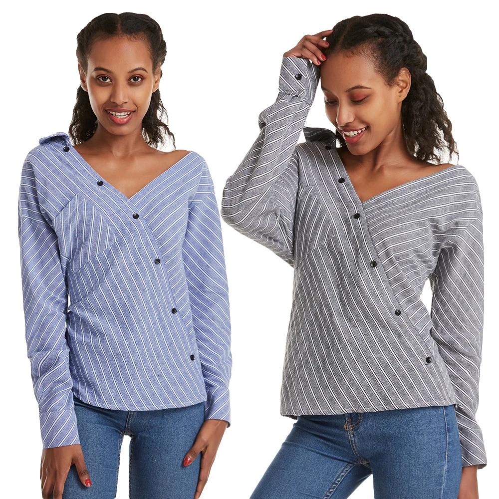 

Spring Women Striped Blouse Asymmetry Collar V-neck Long Sleeve Casual Shirts Tops Pullover Loose Club Party Clothing Fashion