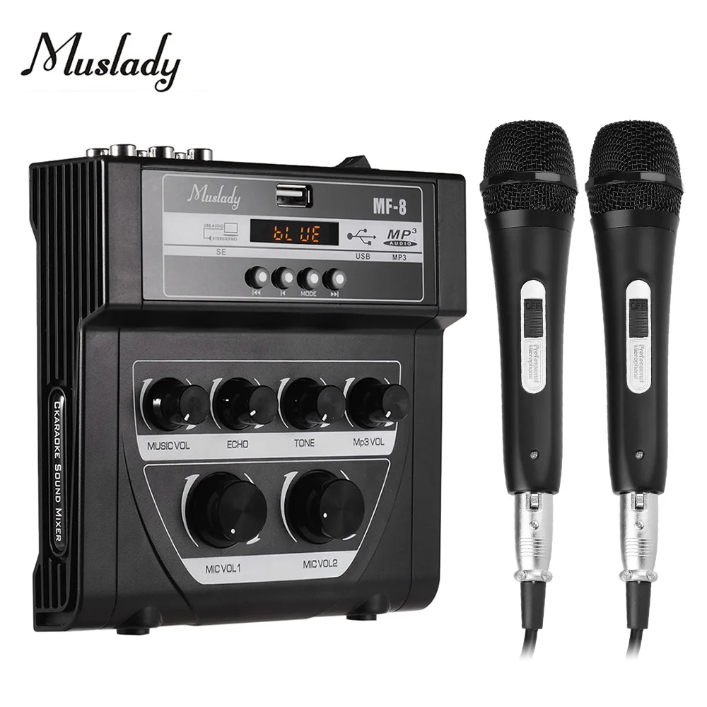

Muslady MF-8 мини звук стерео микшер эхо-смеситель с двумя микрофонными входами Поддержка BT Запись MP3 Функция с 2 шт. в наборе, микрофоны