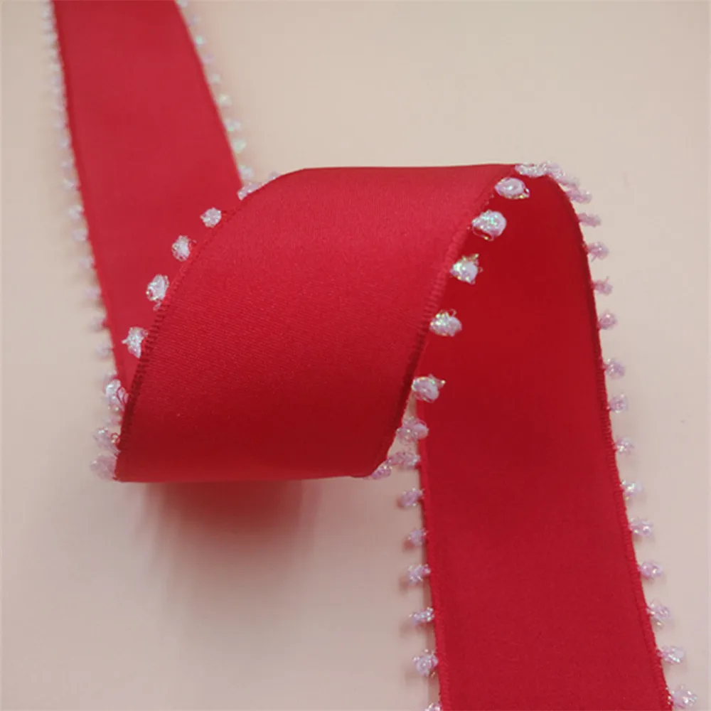 

38MM 25yards Wired Edge Red Ribbon With White Picot Edged for Festival Christmas Decoration New Year Gift Wrapping