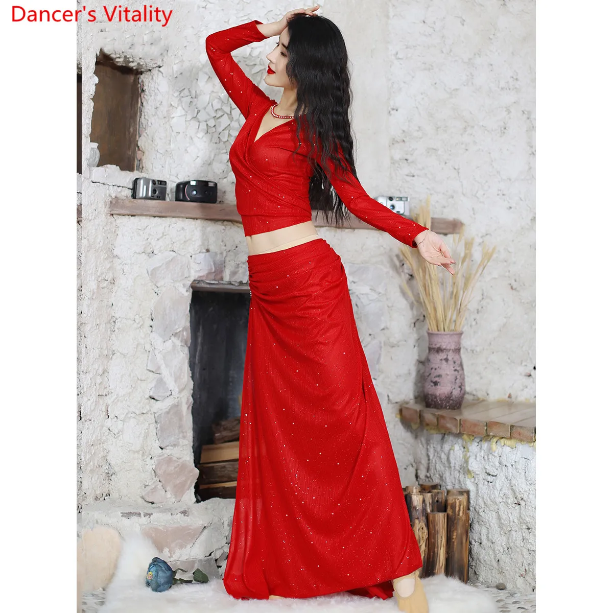 

Belly Dance Practice Clothes Women Long Sleeve Bandage Top Diamond Skirt Oriental Indian Dancing Performance Training Outfits