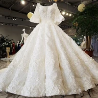 white lace puff sleeve long wedding dress 2021 100cm train v neck fancy beading pearls open back elegant wedding gown bridal
