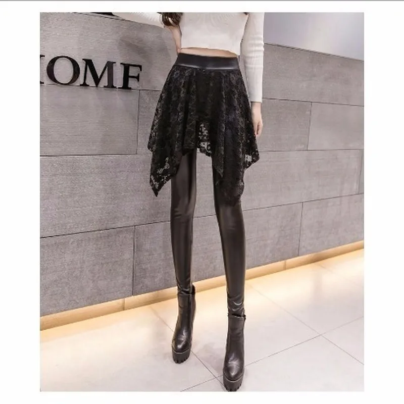 Women Fashion Lace Fake Two-Piece PU Leather Pants Bottoming Fleece Thicken Skinny Pants Female Black Irregular Stacked Leggings